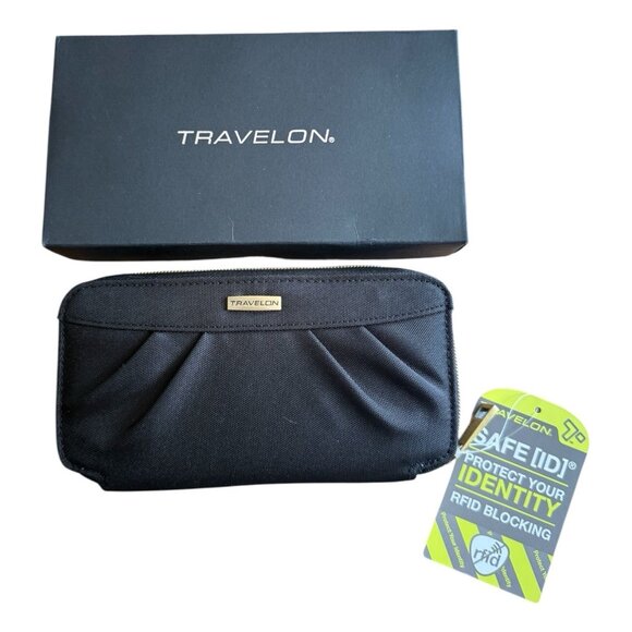 NEW IN BOX Travelon Black Safe ID RFID Blocking Zippered Wallet Wristlet - Picture 1 of 10